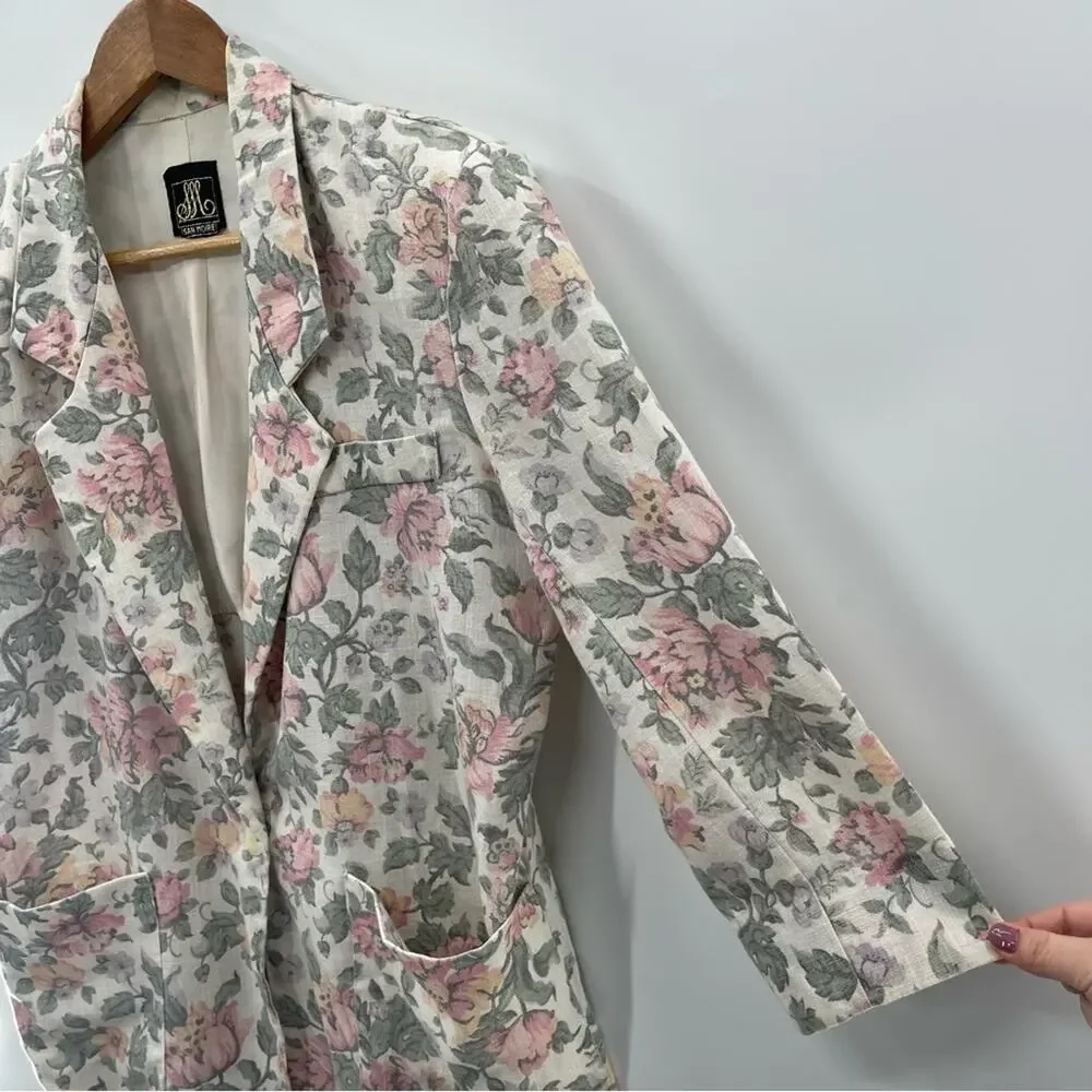 Vintage USA Floral Cottagecore Coastal Grandma Blazer Patch Pockets Size Medium - Picture 5 of 9